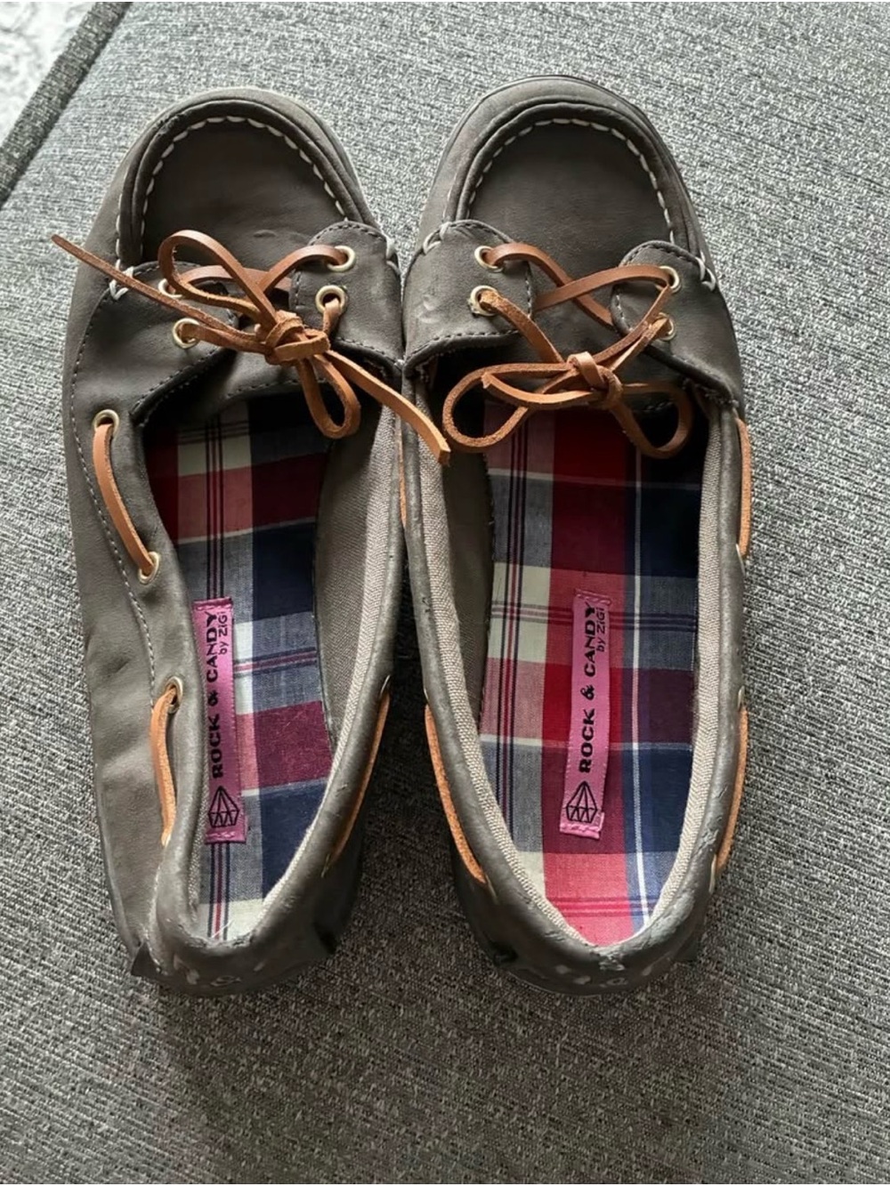 Rock & Candy Gray Boat Shoes with Brown Laces and Plaid Insole